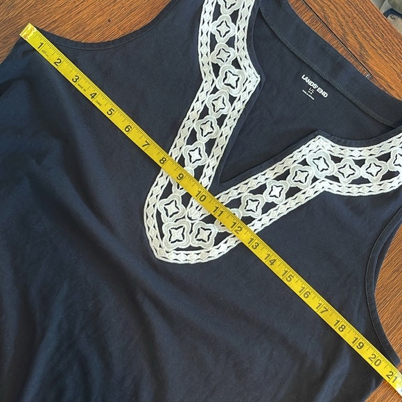 Lands End Black Cotton Knit Sleeveless V Neck Dress Large 14-16 White Appliqué - Picture 5 of 10